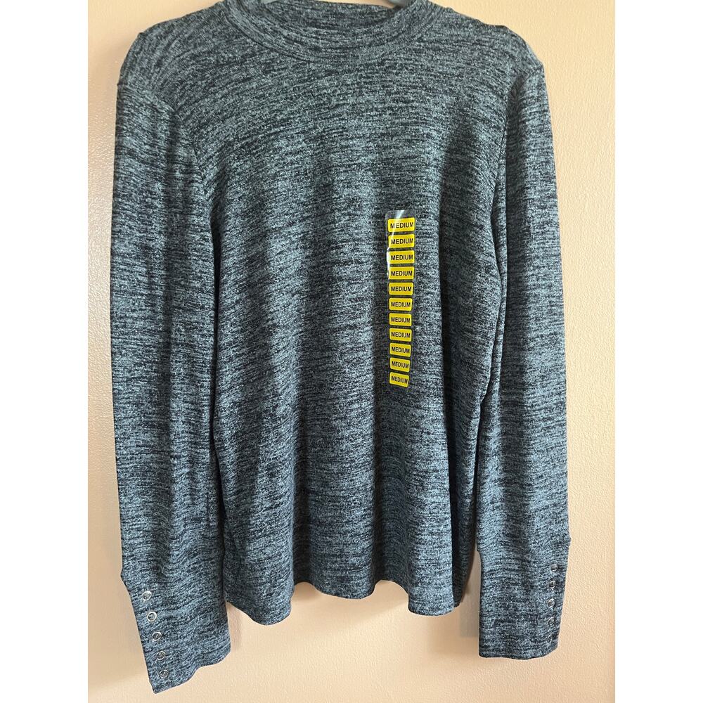 Rafaella Mock Neck Snap Cuff Top Womens M Heathered Charcoal Long Sleeve